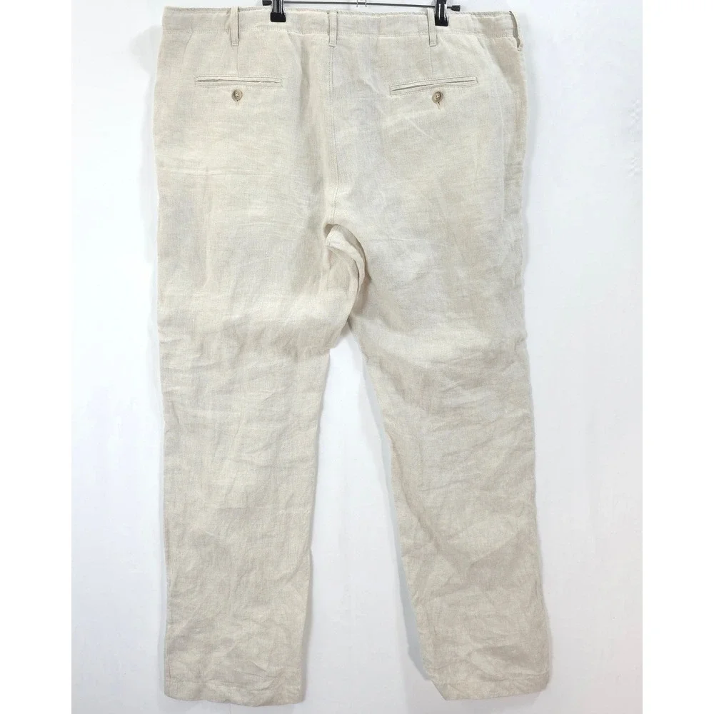 Perry Ellis Linen Pants Men 38 Drawstring Waist Beige Coastal Resortwear